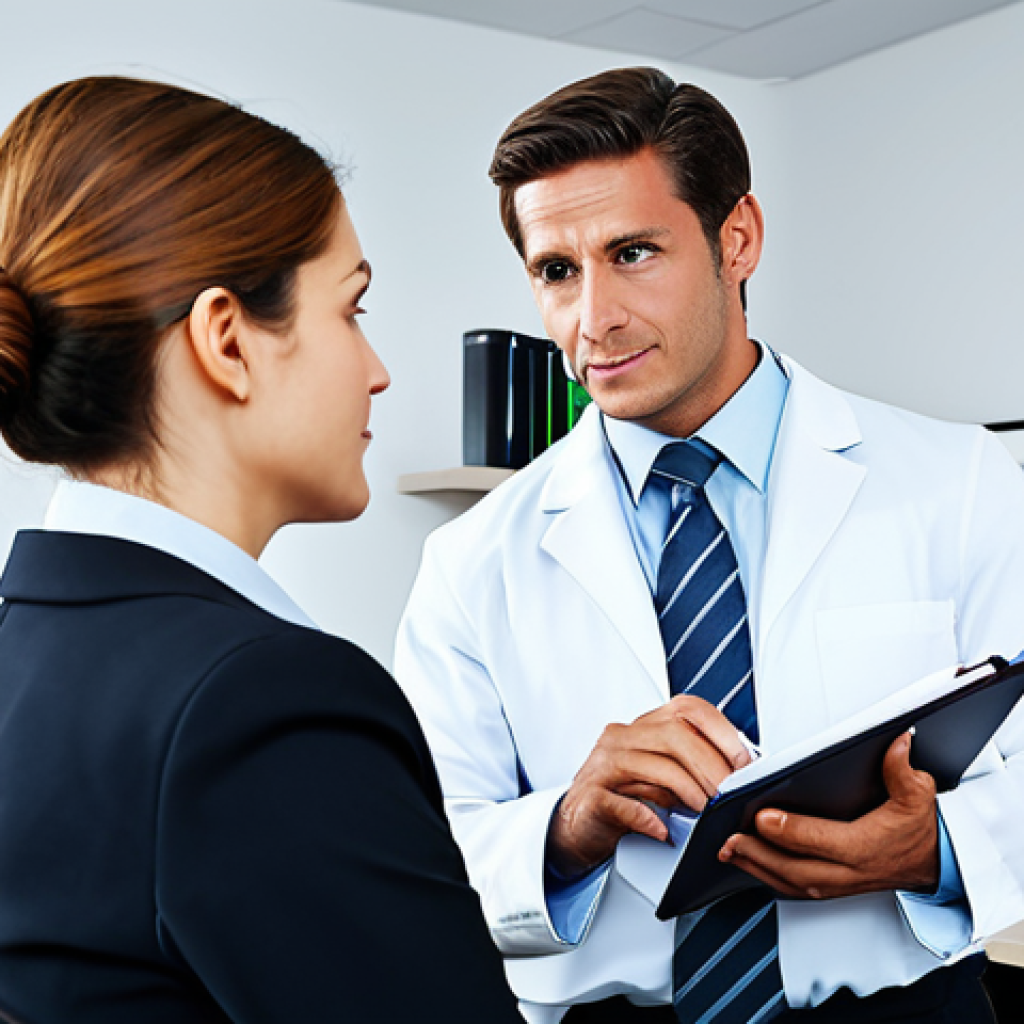 의료 소송 예방을 위한 팁 - **Prompt:** A professional lawyer in a modest business suit, advising a fully clothed patient in a b...