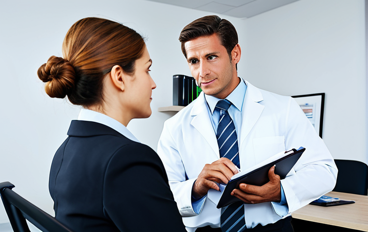 의료 소송 예방을 위한 팁 - **Prompt:** A professional lawyer in a modest business suit, advising a fully clothed patient in a b...