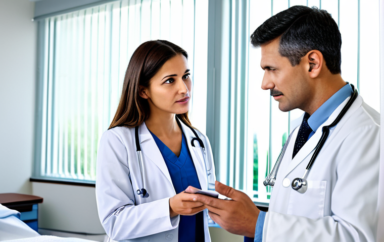 의료 소송 예방을 위한 팁 - **Prompt:** A professional lawyer in a modest business suit, advising a fully clothed patient in a b...