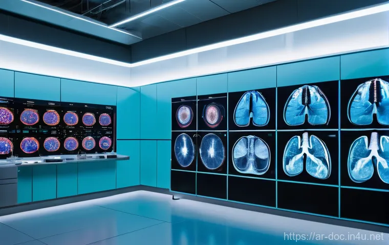 의료 AI 도입과 변화 - **AI-Powered Diagnostic "Third Eye"**
    A futuristic, high-tech medical diagnostic lab. In the for...