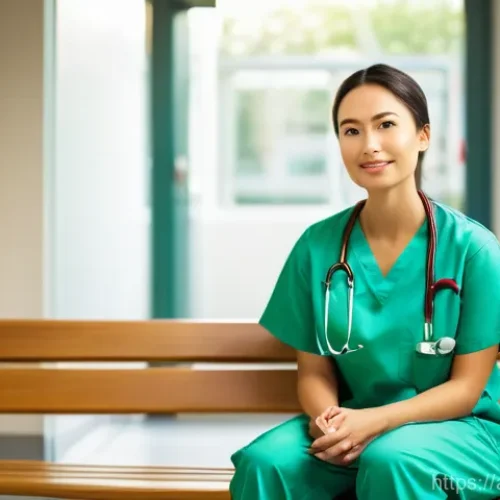 의료 업무 시간 관리 팁 - **Prompt:** A serene moment of mindfulness for a healthcare professional. A female doctor in her lat...