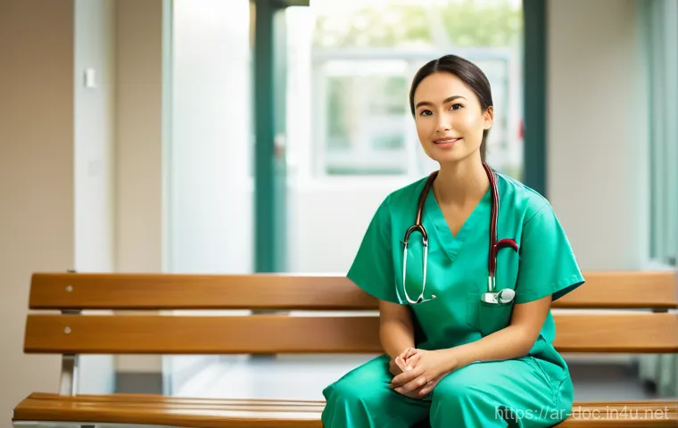 의료 업무 시간 관리 팁 - **Prompt:** A serene moment of mindfulness for a healthcare professional. A female doctor in her lat...