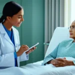 의료현장 경험 공유 - **Prompt:** A heartwarming scene in a modern, brightly lit hospital room. A female doctor, with kind...