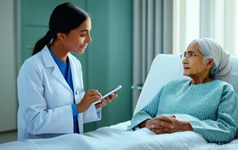 의료현장 경험 공유 - **Prompt:** A heartwarming scene in a modern, brightly lit hospital room. A female doctor, with kind...