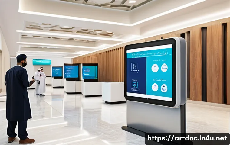 의료 서비스 개선 프로젝트 사례 - A modern hospital reception area in the Middle East featuring advanced digital registration kiosks w...