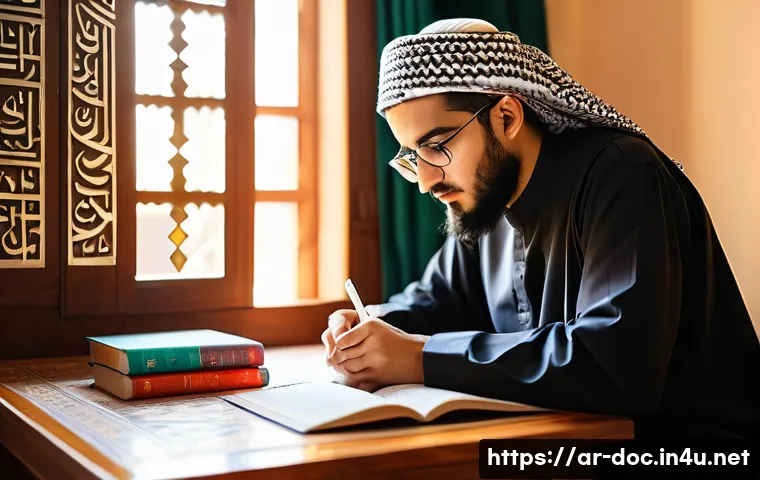 전문의 시험에서 고득점하는 법 - A focused young Arab medical student studying at a traditional wooden desk in a cozy room decorated ...