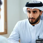 의사 초년생 커리어 팁 - A professional Middle Eastern male doctor in his early 30s wearing a white lab coat and modest busin...