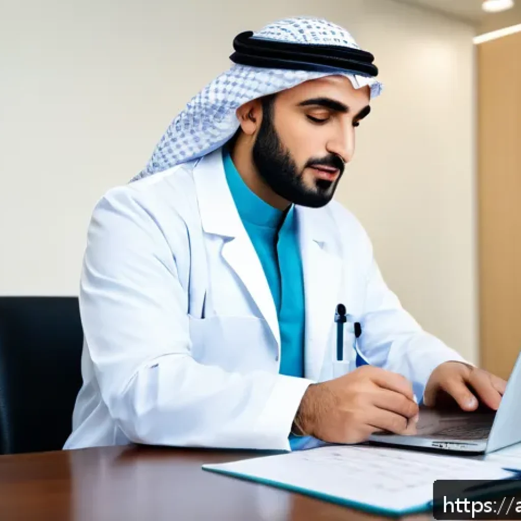 의사 연봉 협상 실패 사례 - A professional Arab male doctor wearing a white lab coat and modest business attire underneath, conf...