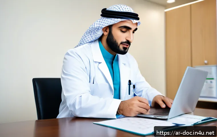 의사 연봉 협상 실패 사례 - A professional Arab male doctor wearing a white lab coat and modest business attire underneath, conf...