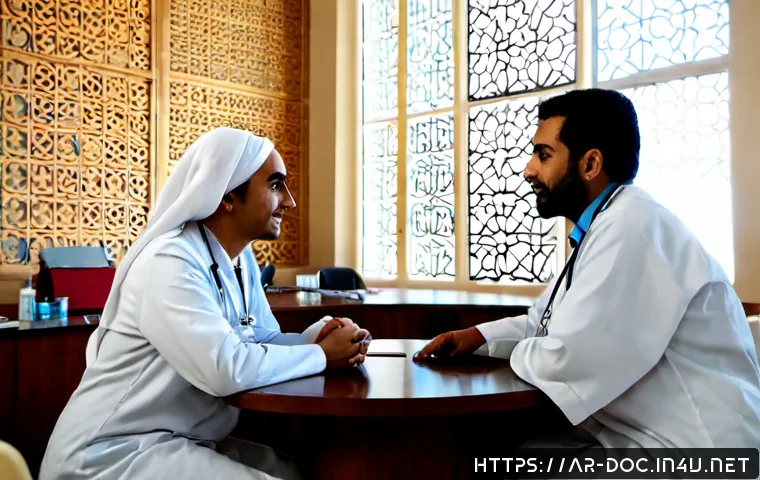 병원 조직 내 갈등 해결 방법 - Photorealistic modern hospital mediation meeting in an Arab Gulf city, a calm senior female physicia...