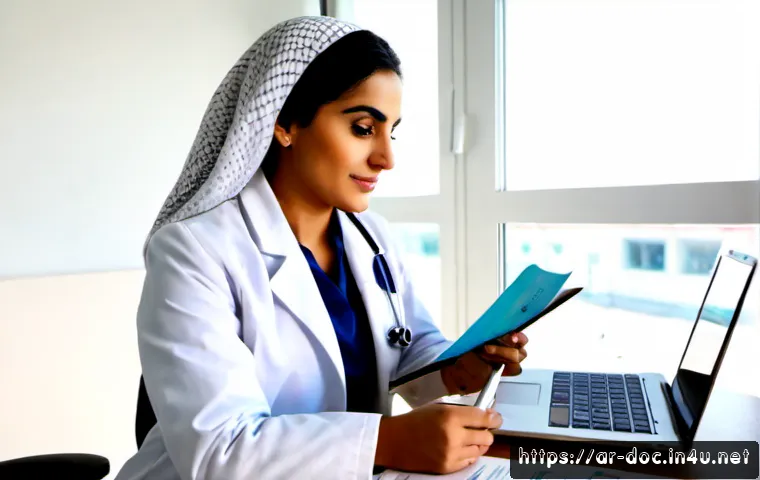 의사 해외 취업 가이드 - Photorealistic Middle Eastern Arab doctor in a crisp white coat and modest professional attire, seat...