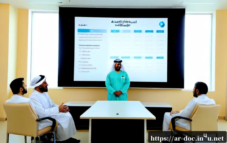 의료기관 조직 문화 분석 - Photorealistic hospital organizational culture analysis meeting in a modern Gulf Arab medical center...