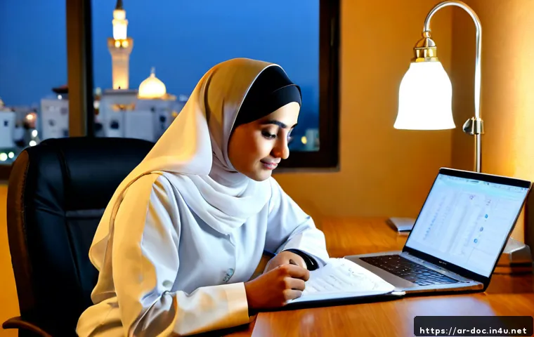전문의 자격증 시험 후기 - Photorealistic candid scene of an Arab female physician in modest professional attire and a neatly d...