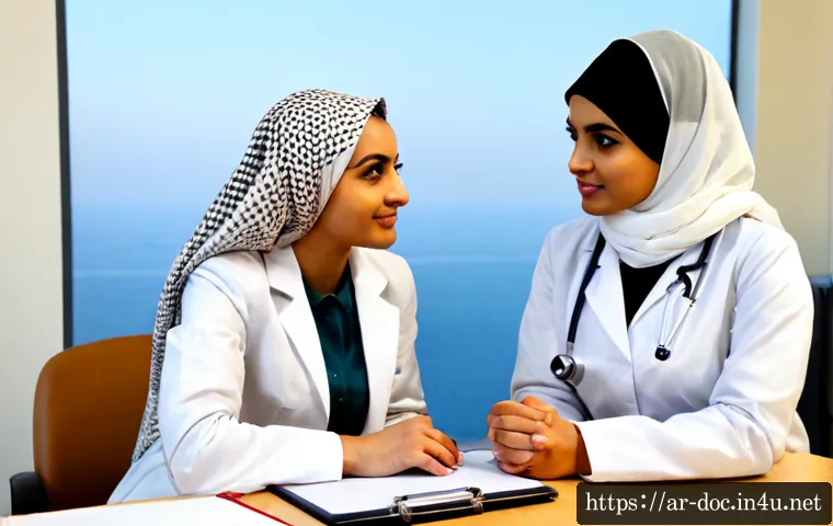 Home 17 의사 면접 질문 리스트 - Photorealistic medical job interview in a modern Gulf-region hospital office, confident Arab female ...